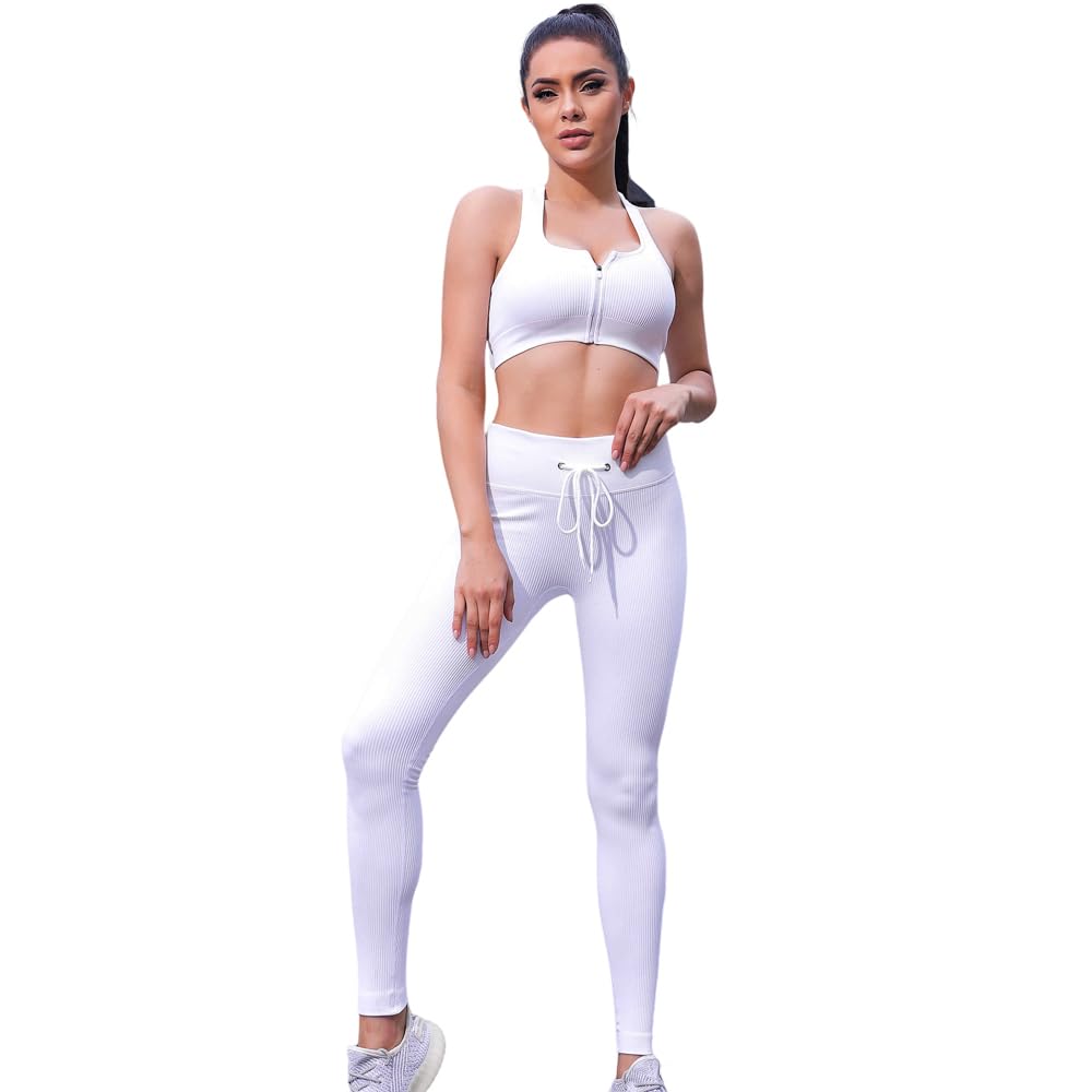 Vêtement de Sport Femme Survêtements Ensembles de Sport Pour Femme Gym Running à séchage Costumes Fitness Jogging Yoga Blanc 2, L