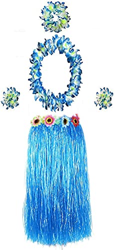 Carnavalife Falda Hawaiana con Collar Pulseras y Diadema de Flores Fiesta Hawaiana Leis Tropica Vacaciones Playal, Disfraces Guirnalda Elástica para Niñas Mujer Adultos,Pack de 5 piezas (Azul)