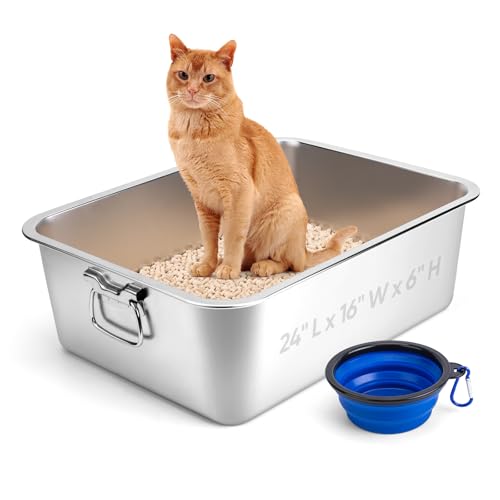 Stainless Steel Litter Box with Handle for Cat and Rabbit, 24" L x 16" W x 6" H, Odor Control Litter Pan, Fold-able Feeding Plate, Non Stick Smooth Surface