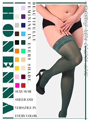Image of HONENNA Plus Size Thigh High Stockings, Semi Sheer Stay Up Lingerie Lace Top Pantyhose for Curvy Women