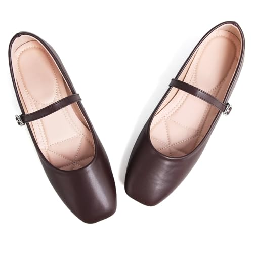 Image of TN TANGNEST Women's Mary Jane Shoes Ballet Shoes for Women Comfortable Round Toe Slip On Flats Ankle Strap Flats Coffee 40(8)