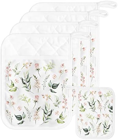 5 Pack Pocket Pot Holders, Spring Floral Hot Pads for Kitchen Heat Insulation Potholders, Pink Summer Flower Green Botanical Vintage Herb Pot Holder Oven Mitts Hot Pad Trivet for Baking Cooking 9"x7"