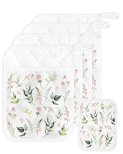 5 Pack Pocket Pot Holders, Spring Floral Hot Pads For Kitchen Heat Insulation Potholders, Pink Summer Flower Green Botanical Vintage Herb Pot Holder Oven Mitts Hot Pad Trivet For Baking Cooking 9"X7" #TOP26