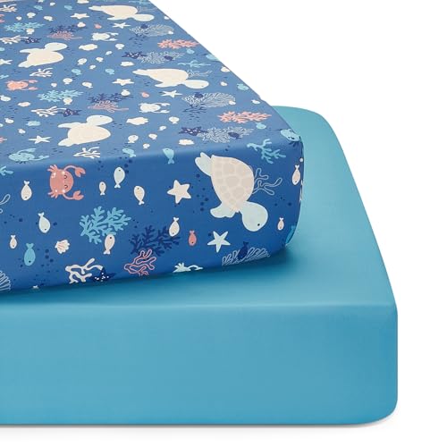 Image of TILLYOU Baby Crib Sheets for Boys Girls, Super Soft Toddler Bed Sheets, 2 Pack Sheets for Standard Crib Mattress 28x52in, Beach Time Turtle and Lake Blue