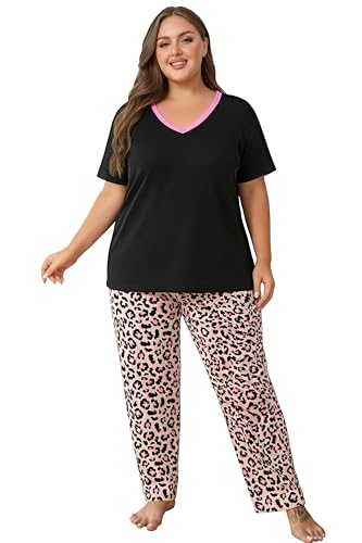 Image of Vozanet Women's Pajama Sets Short Sleeve with Long Pant Soft Sleepwear Printed pj Loungewear With TWO Pockets Size 1X to 5X