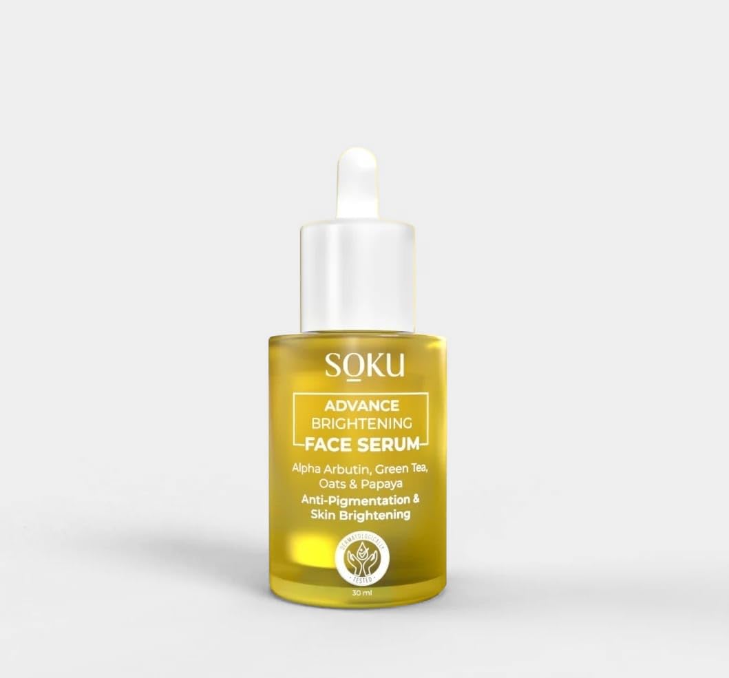 SOKU Advance Brightening Face Serum with Alpha Arbutin, Green Tea, Oats & Papaya, Anti-Pigmentation & Skin Brightening, 30 ml
