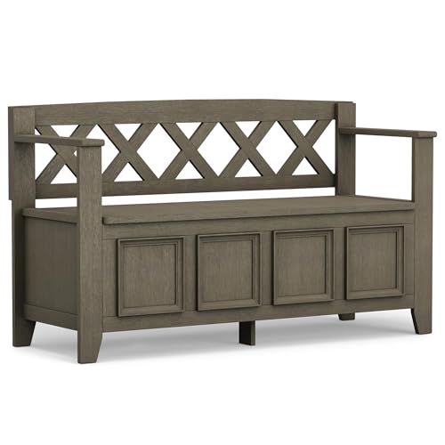 SIMPLIHOME Amherst SOLID WOOD 48 inch Wide Entryway Storage Bench with Safety Hinge, Multifunctional Transitional in Farmhouse Grey