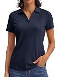Tbmpoy Women'S Short Sleeve Polo Shirts Golf Tennis Sun Protection V-Neck Collared Polo Shirt Quick Dry Moisture Wicking Navy Blue,M