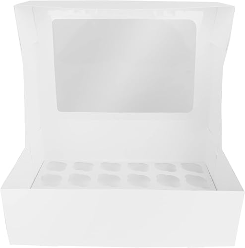 Miniatura 4 de O'CREME Caja rectangular para cupcakes de 14 x 10 x 4 pulgadas de alto, color blanco con ventana transparente e inserto para 24 mini cupcakes,