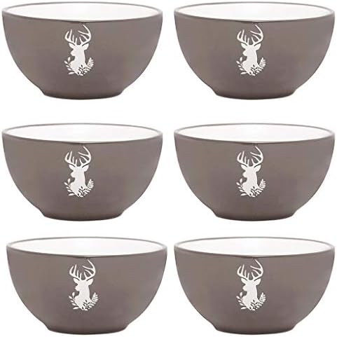 Set of 2 Bowls - Hand Painted Grey & White Reindeer Stoneware Crockery Dinner Service Dishwasher & Microwave Safe Christmas Dinner Table Breakfast Cereal Soup Pasta Dessert Serving Bowl