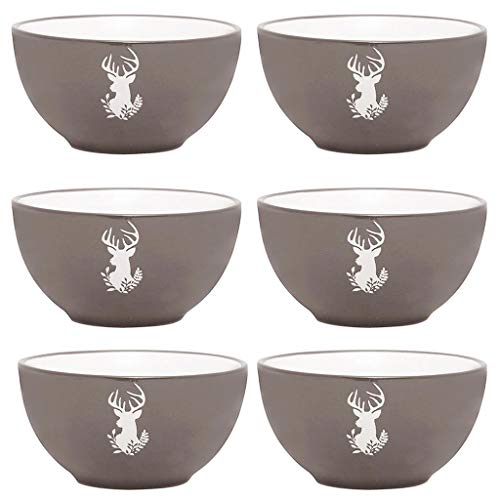 Dibor Set of 6 Bowls - Hand Painted Grey & White Reindeer Stoneware Crockery Dishwasher & Microwave Safe Christmas Reindeer Dinnerware Set