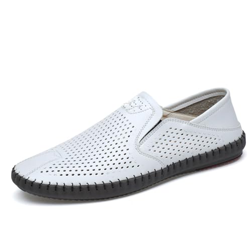 Men's Leather Slip-on Loafers Summer Breathable Hollow Flat Loafers Comfortable Elastic Anti-Slip Soft Sole Walking and Driving Shoes