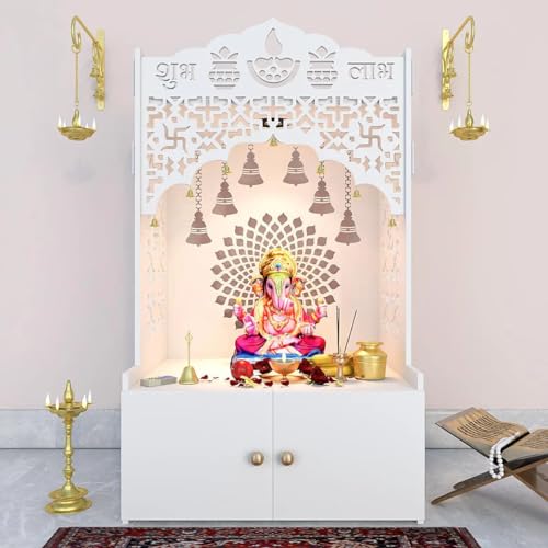 HomScape Divine Wooden Pooja Mandir for Home with Spacious Shelf & Inbuilt Focus Light - White Pooja Mandir, 96 cm - Temple for Home