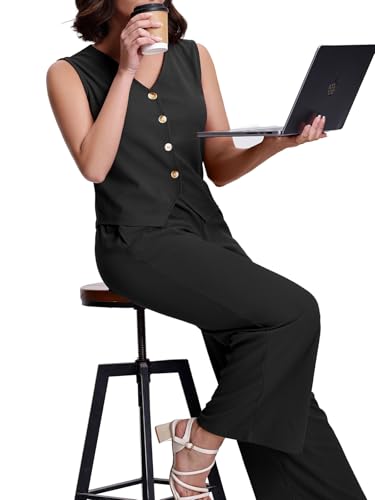 SeSe Code Womens 2 Piece Outfits Business Casual Button Up Vest and Wide Leg Pants Waffle Knit Sleeveless Blazer Suit Set3