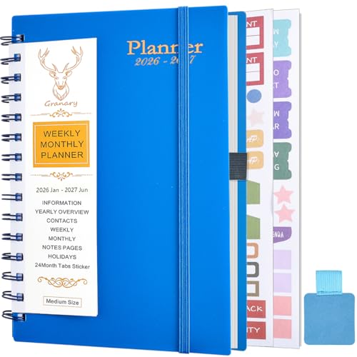 Gumiho Agenda Semainier 2026 2027 Spirale - 18 mois Agenda Scolaire A5 (Janvier 2026 - Juin 2027)- Avec boucle de stylo & Autocollants de plan (Bleu foncé)