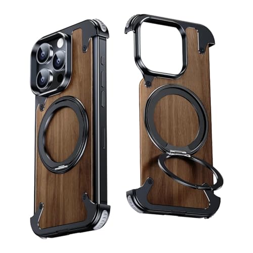 Coque iPhone 16 Pro en bois de noyer premium avec support rotatif MagSafe