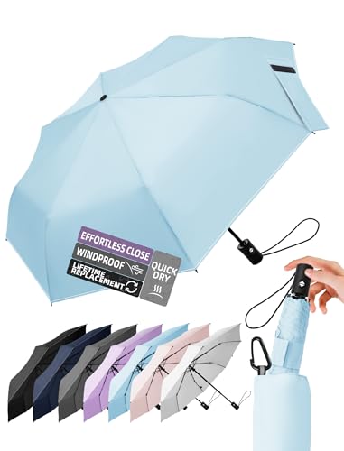 LILAC Compact Travel Windproof Umbrella, 43' Auto open/close Folding Quick Dry Umbrellas for Rain, Lightweight Portable Small for Backpack Car, Thoughtful Gift for Women Men Kids, TSA Approved, 1-Blue