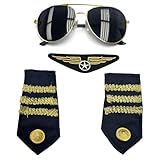 Pilot Costume Set | Pilot Costume Accessories | Airline Pilots Costumes | Pilots Captain Dress Up Uniform | Aviator Sunglasses + Badge + 2 Shoulder Epaulets | Multicolor | One Size