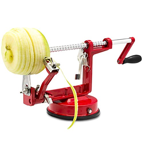 RXXM Apple Peeler Slicer Corer 3 in 1 Stainless Steel Blades Suction Grips Base Heavy Duty Durable Hand-cranking ApplePearPotato Peelers FruitVegetable Salad Apple Pie Tools for Kitchen Red