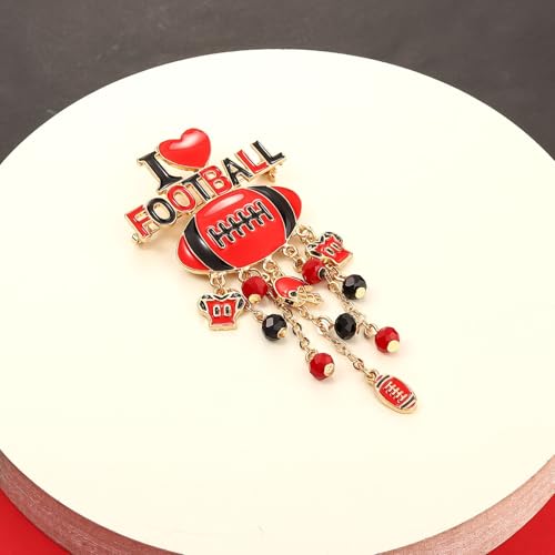 Image of Football Brooch Pin for Women - Enamel Game Day Helmet Charm With Beads Tassel - I Love Football Jewelry for Sports Team Spirit, Tailgate Party Favors (Red)