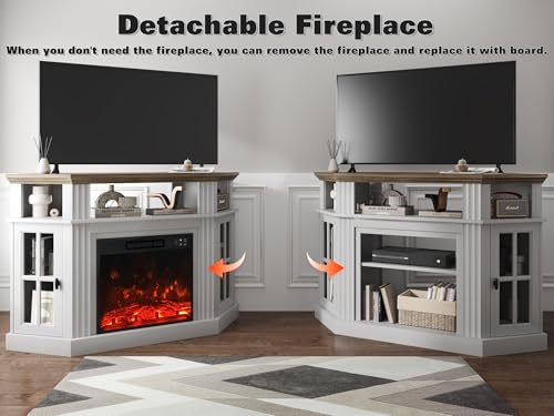 Image of YESHOMY Corner Fireplace TV Stand for Television up to 55 inch with Storage Cabinets, Entertainment Center, Media Console for Living Room, Bedroom, White&Rustic