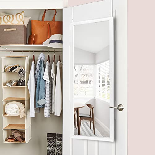 Image of Sleek Frame Door Mirror - Rectangle Wall Mounted or Floor Full Length Over The Door Vertical Hanging Mirror, White, 44''x16''