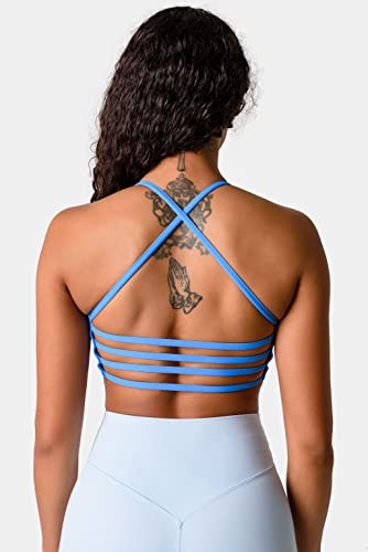 Kamo Fitness Iris Strappy Sports Bra For Women Light Support Backless Crop Top Removable Padding Open Back (Glass Blue, M) #TOP3