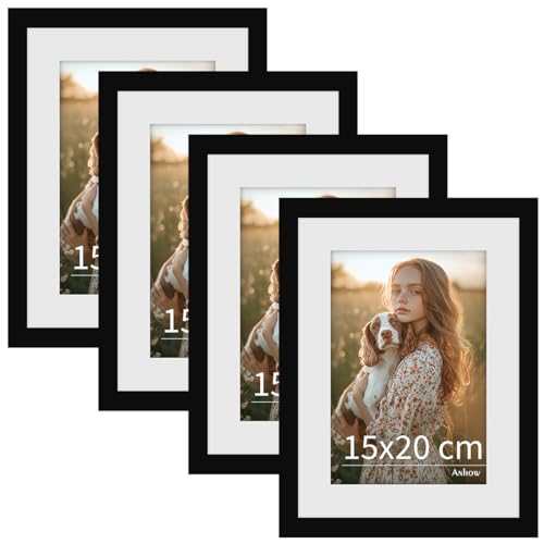 Anhow Set de 4 Marcos de Fotos 15x20 cm, Decoración del Hogar PVC Marcos de Fotos, Estilo Moderno para Exhibición en Pared o Mesa, Opción para Espacios de Arte, Oficinas y Hogares - Negro Mate