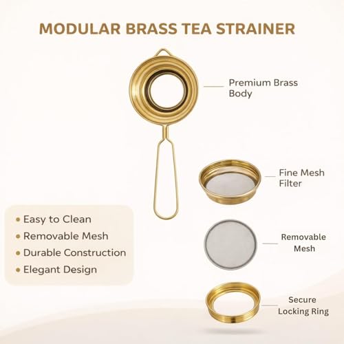 Image of Brass Tea Strainer with Handle | Chai channi pital | Loose Leaf Tea & Coffee Steeper peetal | Fine Mesh Eco-Friendly Filter | Durable Reusable Chai Strainer for Kitchen & Gifting