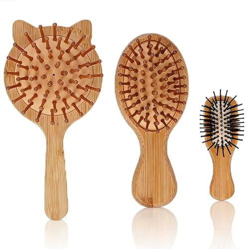 Image of Sleek Hair Brush, Wooden Hair Brush 3-Piece Set, Bamboo Vent Cushion Comb for Smoothing and Styling, Compact Design for Personal Use and Travel