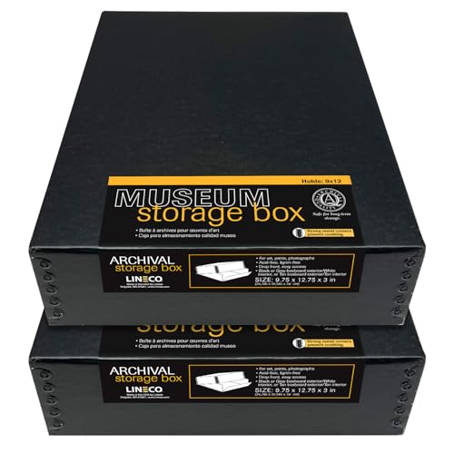 Lineco Museum Archival Storage Box, 9.75x12.75x3 in. Drop Front Design. Acid-Free with Metal Edge. Organize Photos, Pictures, Prints, Documents, Crafts, DIY. Black, 2 Pack