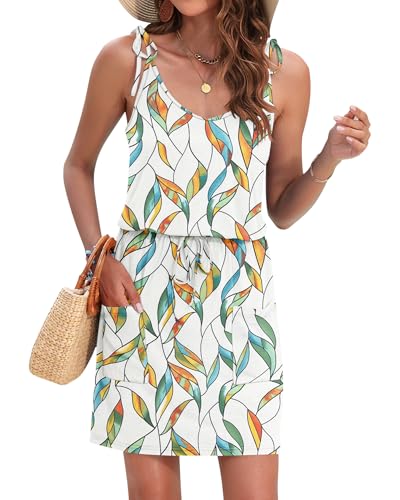 Image of AUSELILY Womens Summer Dresses Sleeveless Spaghetti Strap Beach Cover up Drawstring Waist Mini Short Dress with Pockets