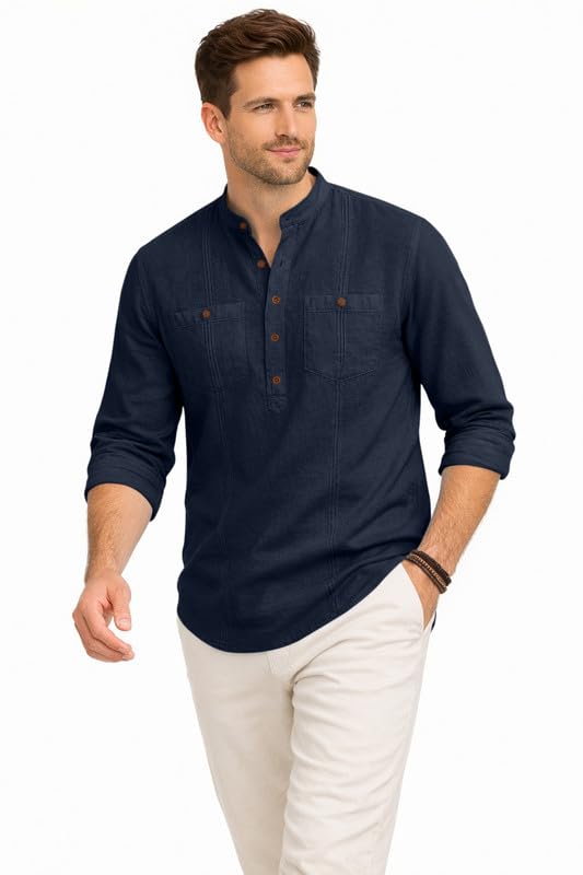 Image of ROYALSCOUT Men's Cotton Polyester Blend Kurta Style Shirt with Mandarin Collar, Half Button Placket, Dual Chest Pockets, Long Sleeve Casual Ethnic Fusion Wear for Office, Festive and Daily Use
