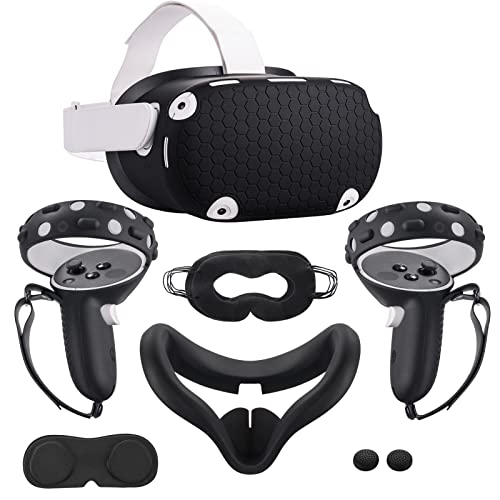 Accessories Compatible with Oculus Quest 2 Silicone Touch Controller Grip Cover, Face Cover, Headset Shell Cover, Protective Lens Case, Disposable Eye Sleeves (Black)