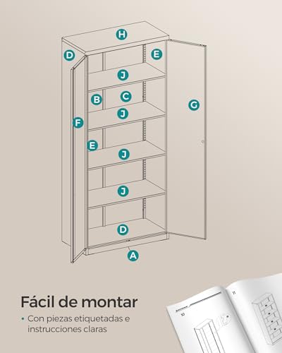 SONGMICS Armario de Garaje de 5 Estantes con 2 Puertas, Armario de Oficina, 40 x 60 x 180 cm, 1 Cerradura, Estantes Ajustables, Gabinete de Metal, Gris Mate OMC014G01 - imagen 8