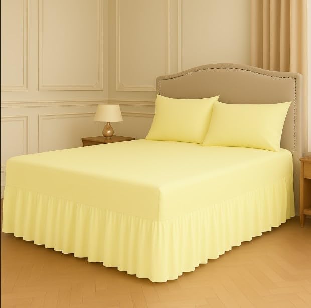 Polycotton Fitted Valance Sheet - Bed Skirt 25cm Deep with 30cm All-Around Frill - Soft Easy Care Wrinkle Resistant Base Cover - Secure Fit Bedding Valance (Lemon, Pillowcases Pair)