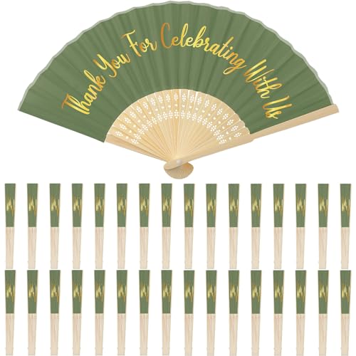 Jetec 50 Pcs Green Silk Hand Fans Bulk Handheld Wedding Fans for Guests