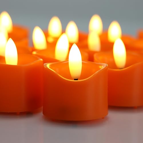 Image of CANDLE CHOICE Battery Operated Flameless Tea Lights Realistic Black Wick Bright Flickering LED Tealight Votive Candles Wedding Party Table Halloween Christmas Decorations Batteries Incl 24 Pack Orange