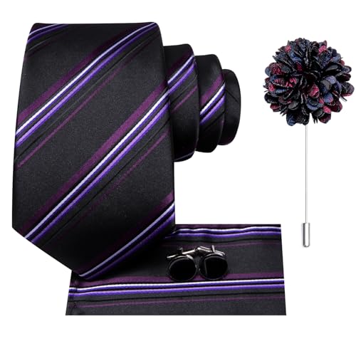 Image of Hi-Tie Mens Black Purple Striped Necktie Classic Formal Woven Necktie Lapel Pin Pocket Square Cufflinks Sets Formal Business Wedding