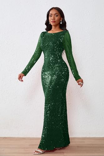 Image of VERWIN Women's Sequins Bodycon Round Neck Long Sleeve Sparkly Mermaid Maxi Dress for Casual Party Cocktail