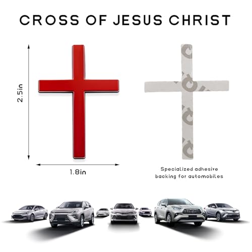 Image of 2 PCS Metal Christian Cross Emblem Stickers, 2.5 inchx1.8 inch Alloy 3D Car Cross Sticker Badge, Self-Adhesive Emblem Decal Decoration for Auto Trunk Tailgate Fenders, Car Exterior Decal (Red)