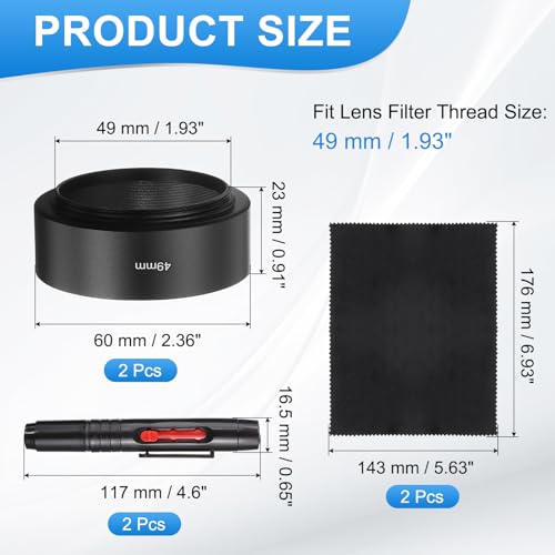 PATIKIL 2 Pcs Lens Hood Shade, 49mm Mid-focus Mount Standard Screw-in Metal Camera Cap Shade with Cleaning Cloth and Cleaning Pen, Black
