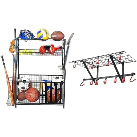PLKOW Sports Equipment Storage Rack, Ball Storage Garage Organizer, Garage Wall Shelving 1 Pack Includes Bike Hooks Cover