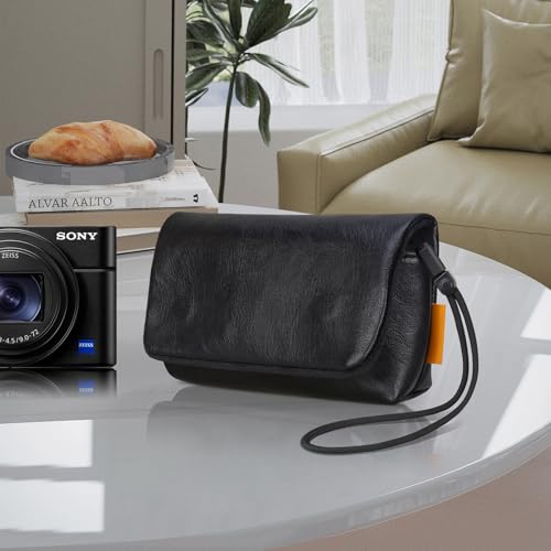 Image of Lacdo Camera Case Bag for Sony RX100 VII / RX100 VI / RX100 V /RX100 IV /RX100 III Digital Camera, Soft Leather Protective Camera Travel Pouch Sleeve, Compact Sony RX100 Camera Bag with Wrist Strap, Black