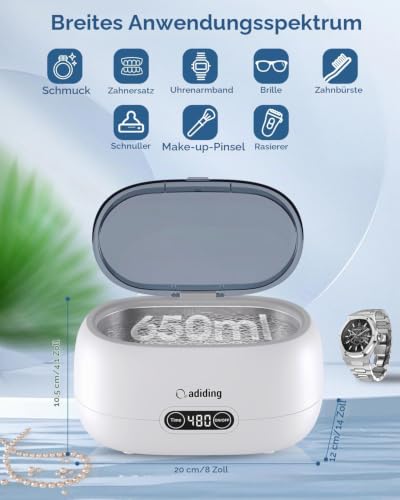 Adiding Ultraschallreinigungsgerät, 650mL Schmuck Reinigung mit Timerfunktion, 45000Hz...