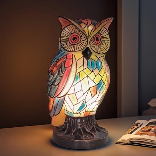 Owl Lamp Tiffany Style Stained Vintage Resin Colorful Tiffany Owl Table Lamps for Bedroom Living Room Nursery Office Whimsical Animal Desk Lamp Birthday Gifts for Girl Mother Grandmother Woman.