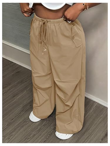 OYOANGLE Women's Plus Size High Waist Drawstring Trousers Wide Leg Casual Cargo Pants with Pocket2