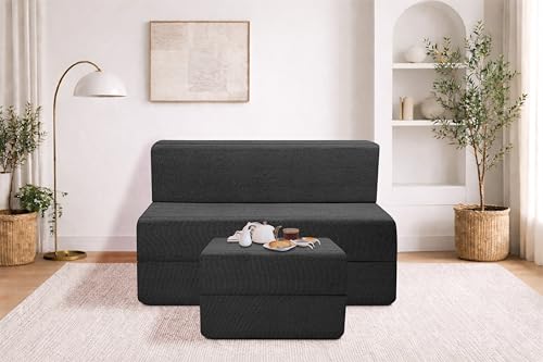 Image of Rosebell Foldable Sofa-Cum-Bed with Ottoman | 3-in-1 Convertible Sofa, Lounger & Bed-3x6 Feet One Seater- Perfect for Home & Office -Black