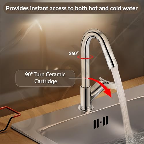 Image of Plantex Solid Brass High Neck Pillar Cock Water Tap with Teflon Tape /360 Degree Swivel Spout /Single Lever Tabletop Basin Sink Cock (Star, Chrome)