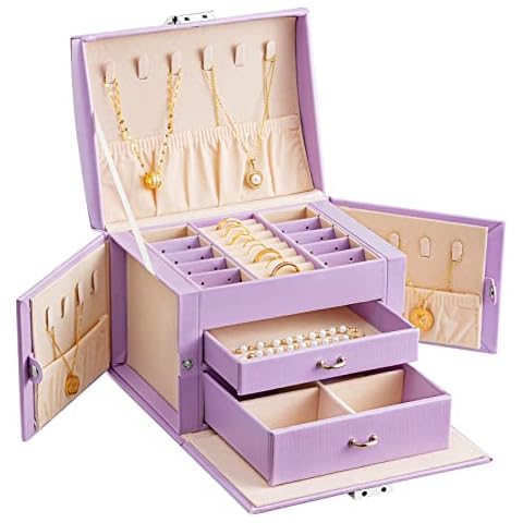 Oyydecor Jewelry Box Organizer for Women Girls, Senior PU Leather, Medium Sized Jewelry Storage Box with Lock Medium Jewelry Organizer Portable Travel Jewelry case(Purple) Cover